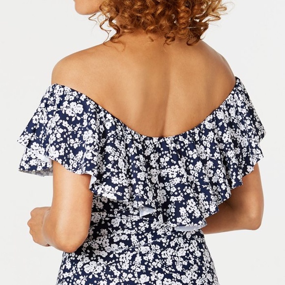 Island Escape Ruffled Off-The-Shoulder Tankini Top - Picture 2 of 7